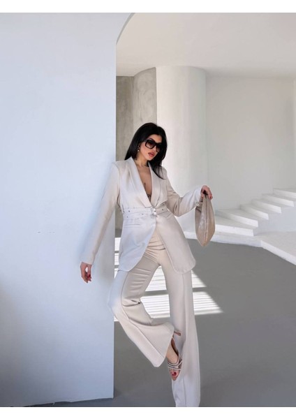 Kadın Ikili Kemer Detay Ceket Palazzo Pantolon Premium Takım Elbise