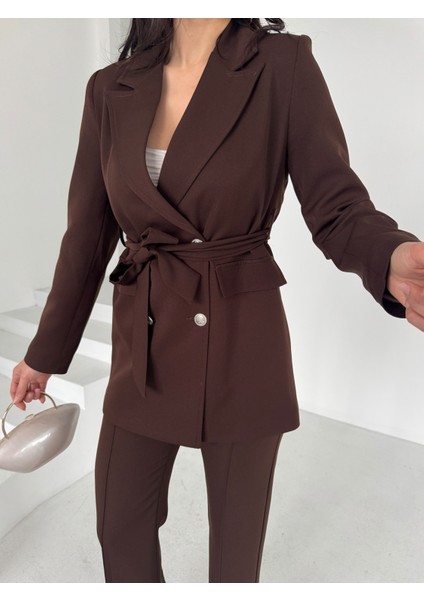 Kadın Bağlamalı Blazer Ceket Pantolon Takım Elbise