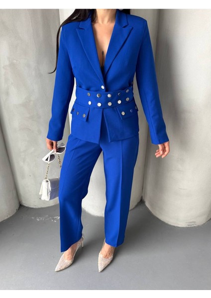 Kadın Zımba Kemer Detaylı Çıtçıtlı Cekete Palazzo Pantolon Şık Takım Elbise