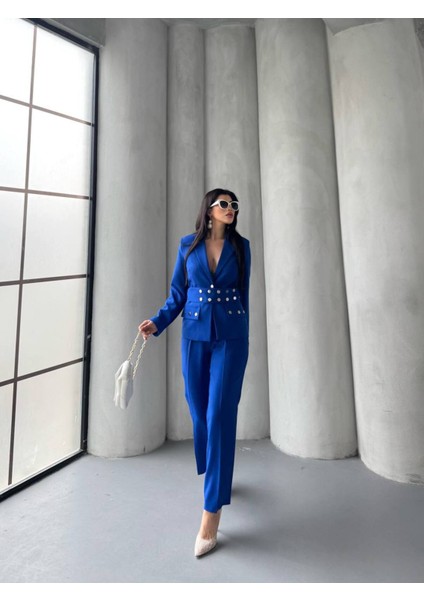 Kadın Zımba Kemer Detaylı Çıtçıtlı Cekete Palazzo Pantolon Şık Takım Elbise