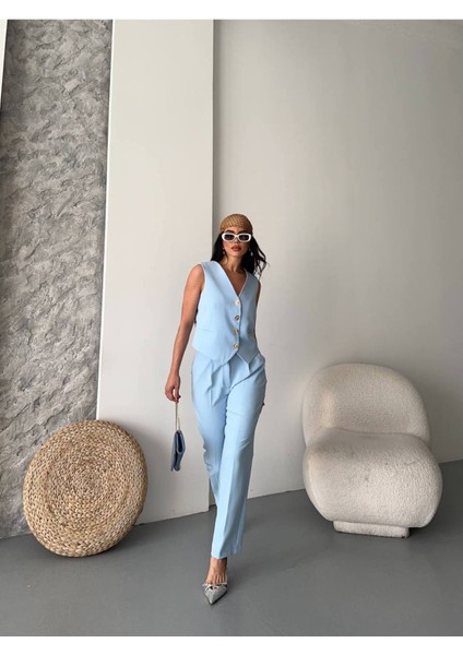 Kadın Alt Üst Takım Şık Taş Düğme Detaylı Premium Yelek Pantolon Ikili Takım Elbise modelleri