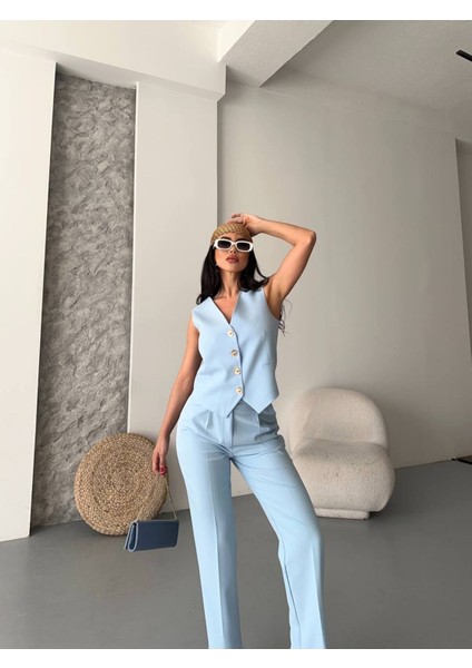 Kadın Alt Üst Takım Şık Taş Düğme Detaylı Premium Yelek Pantolon Ikili Takım Elbise fırsatları