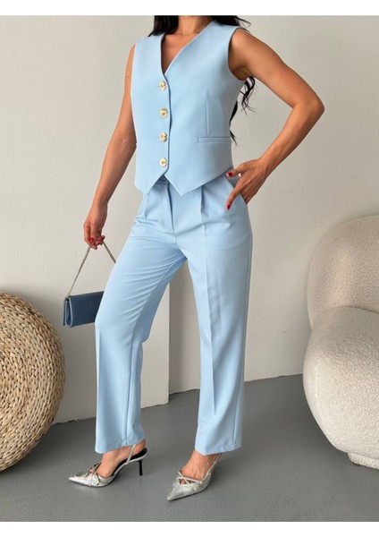 Kadın Alt Üst Takım Şık Taş Düğme Detaylı Premium Yelek Pantolon Ikili Takım Elbise