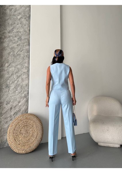 Kadın Alt Üst Takım Şık Taş Düğme Detaylı Premium Yelek Pantolon Ikili Takım Elbise