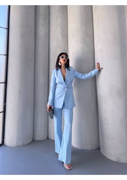 Kadın Ikili Kemer Detay Ceket Palazzo Pantolon Premium Takım Elbise modelleri