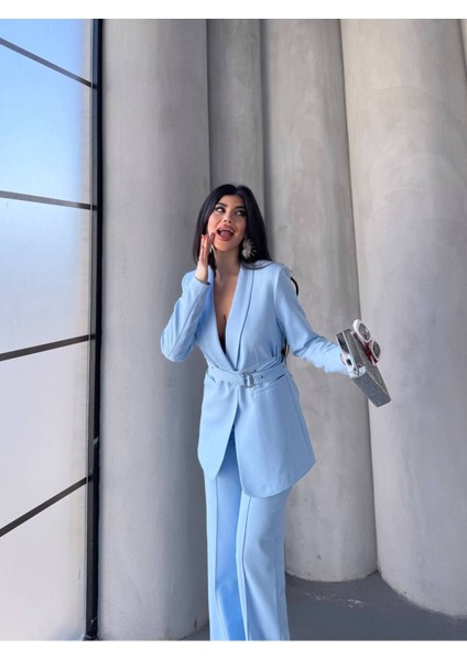 Kadın Ikili Kemer Detay Ceket Palazzo Pantolon Premium Takım Elbise fırsatları