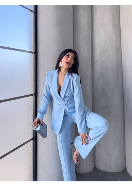 Kadın Ikili Kemer Detay Ceket Palazzo Pantolon Premium Takım Elbise indirimleri
