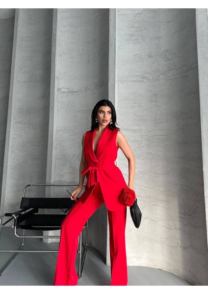 Kadın Şal Yaka Kuşaklı Yelekli Palazzo Pantolonlu Takım Elbise