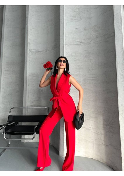 Kadın Şal Yaka Kuşaklı Yelekli Palazzo Pantolonlu Takım Elbise fiyatları