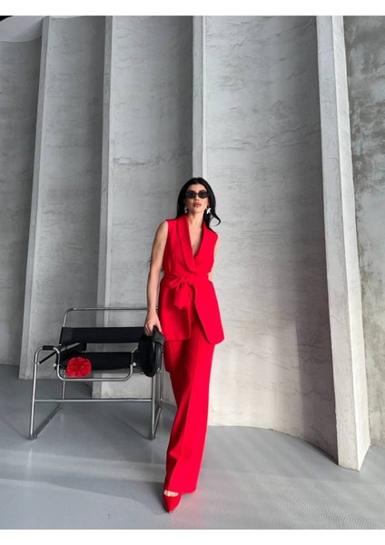 Kadın Şal Yaka Kuşaklı Yelekli Palazzo Pantolonlu Takım Elbise modelleri