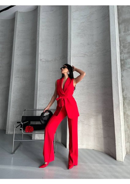 Kadın Şal Yaka Kuşaklı Yelekli Palazzo Pantolonlu Takım Elbise