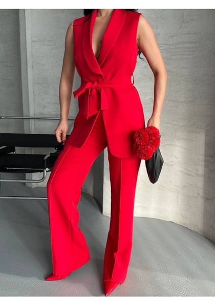 Kadın Şal Yaka Kuşaklı Yelekli Palazzo Pantolonlu Takım Elbise