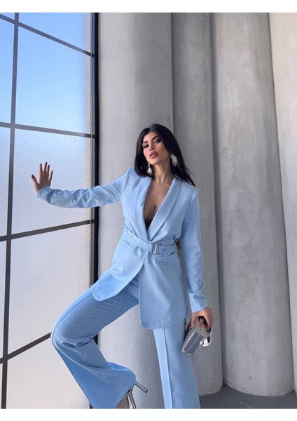 Kadın Ikili Kemer Detay Ceket Palazzo Pantolon Premium Takım Elbise
