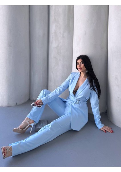 Kadın Ikili Kemer Detay Ceket Palazzo Pantolon Premium Takım Elbise fiyatları