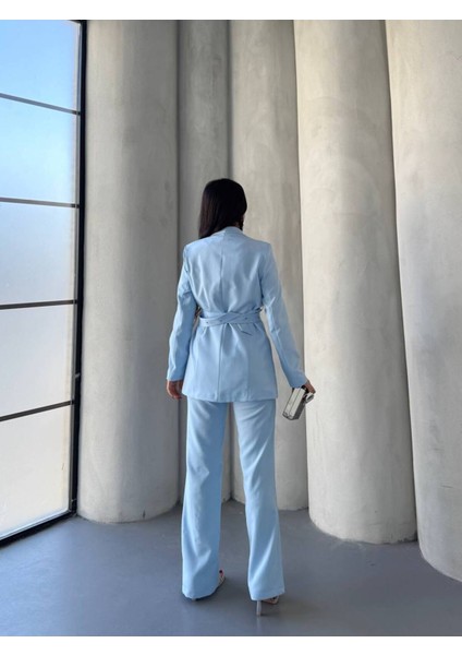 Kadın Ikili Kemer Detay Ceket Palazzo Pantolon Premium Takım Elbise