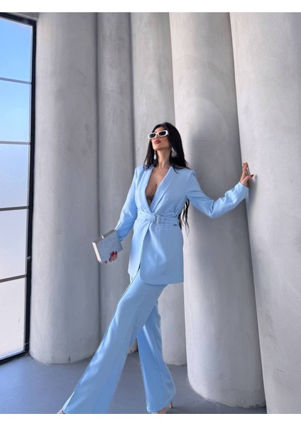 Kadın Ikili Kemer Detay Ceket Palazzo Pantolon Premium Takım Elbise