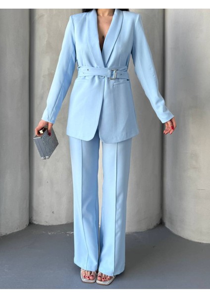Kadın Ikili Kemer Detay Ceket Palazzo Pantolon Premium Takım Elbise