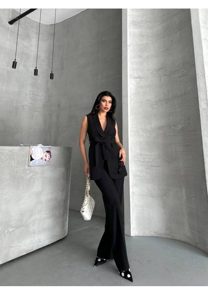 Kadın Şal Yaka Kuşaklı Yelekli Palazzo Pantolonlu Takım Elbise fırsatları