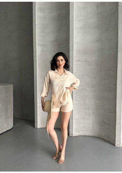 Kadın Keten Görünümlü Yazlık Gömlek Şort Ikili Takım fiyatları