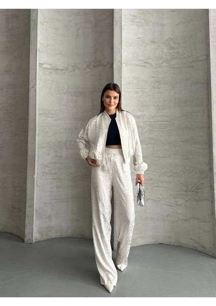 Kadın Leopar Saten Ceket Pantolon Ikili Takım modelleri