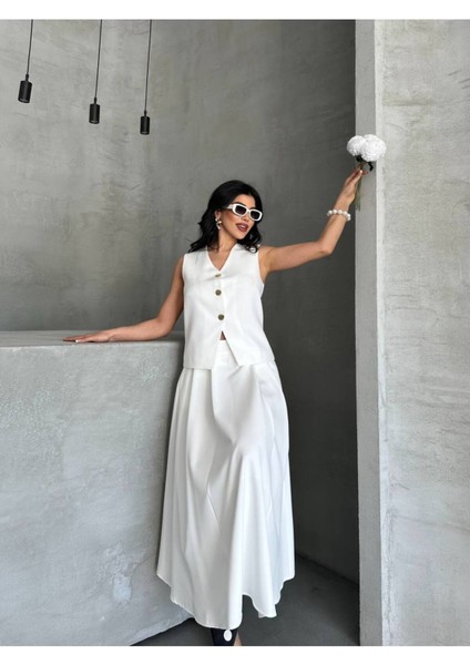 Kadın Alt Üst Takım Şık Düğme Detaylı Premium Yelek Etek Ikili Takım Elbise