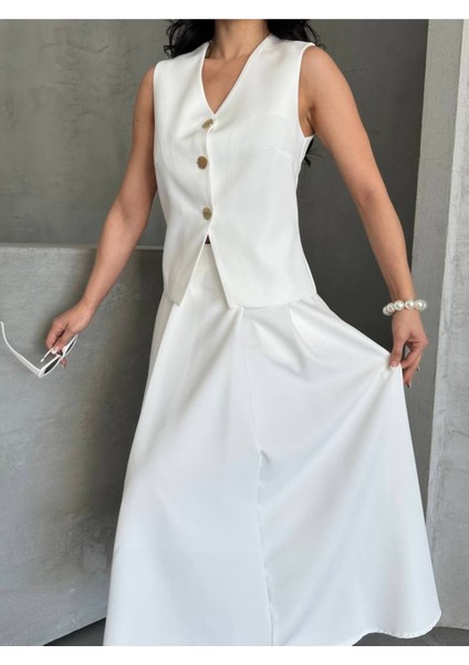 Kadın Alt Üst Takım Şık Düğme Detaylı Premium Yelek Etek Ikili Takım Elbise