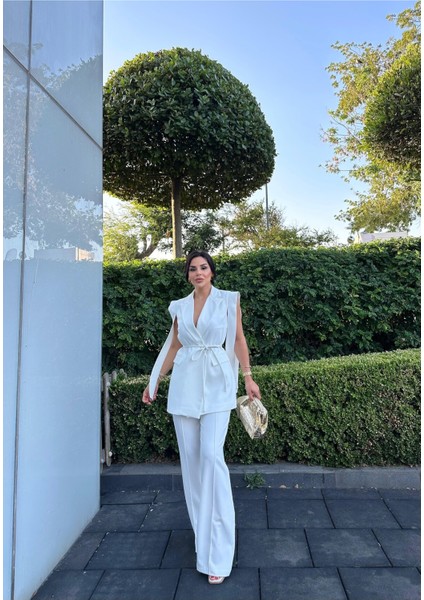 Kadın Oversize Bağlamalı Tasarım Yelek Pantolon Takım Elbise