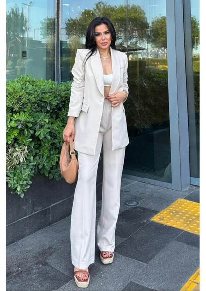 Kadın Tek Düğmeli Ceket Palazzo Pantolon Takım fırsatları