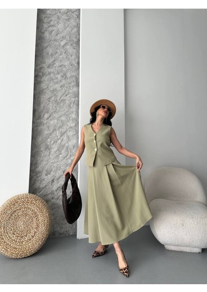 Kadın Alt Üst Takım Şık Düğme Detaylı Premium Yelek Etek Ikili Takım Elbise modelleri