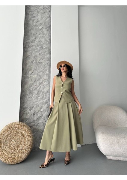 Kadın Alt Üst Takım Şık Düğme Detaylı Premium Yelek Etek Ikili Takım Elbise indirimleri