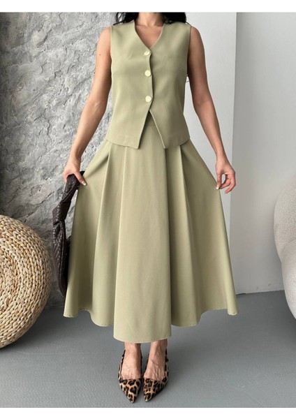 Kadın Alt Üst Takım Şık Düğme Detaylı Premium Yelek Etek Ikili Takım Elbise
