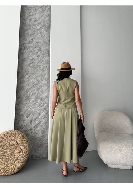 Kadın Alt Üst Takım Şık Düğme Detaylı Premium Yelek Etek Ikili Takım Elbise