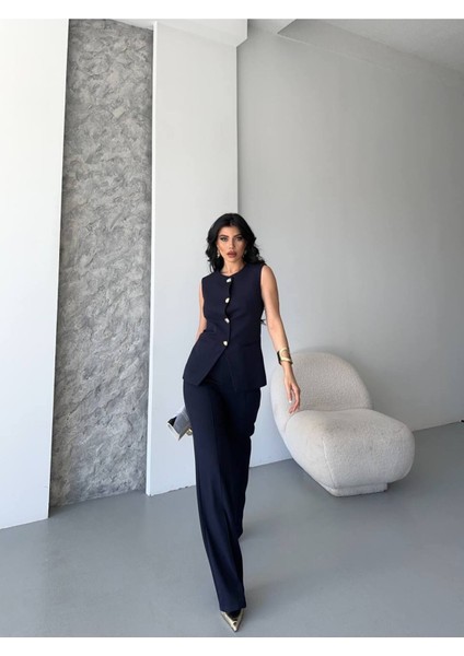 Kadın Alt Üst Takım Şık Düğme Detaylı Premium Yelek Pantolon Ikili Takım Elbise indirimleri
