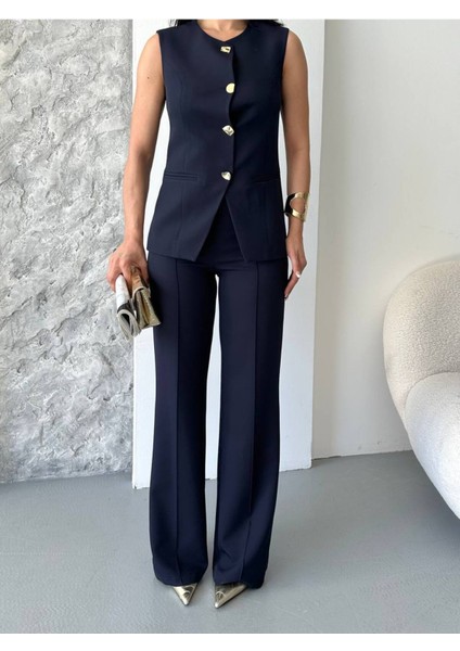 Kadın Alt Üst Takım Şık Düğme Detaylı Premium Yelek Pantolon Ikili Takım Elbise