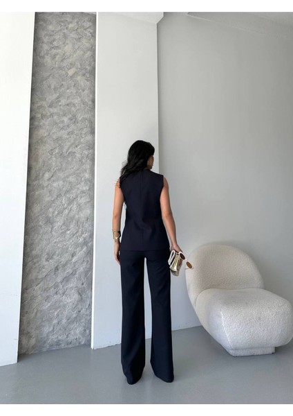 Kadın Alt Üst Takım Şık Düğme Detaylı Premium Yelek Pantolon Ikili Takım Elbise