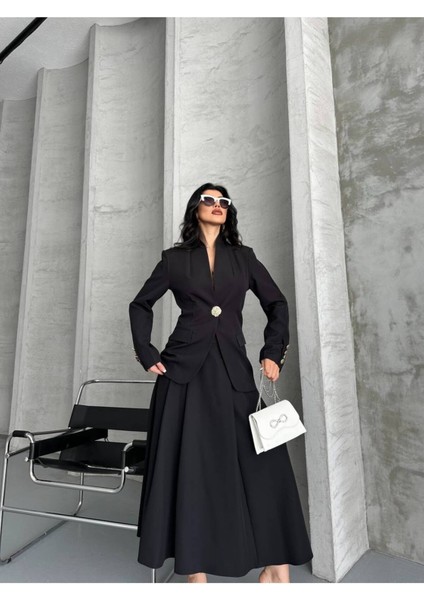 Kadın Gold Kurabiye Düğmeli Blazer Ceket Etek Takım Elbise modelleri