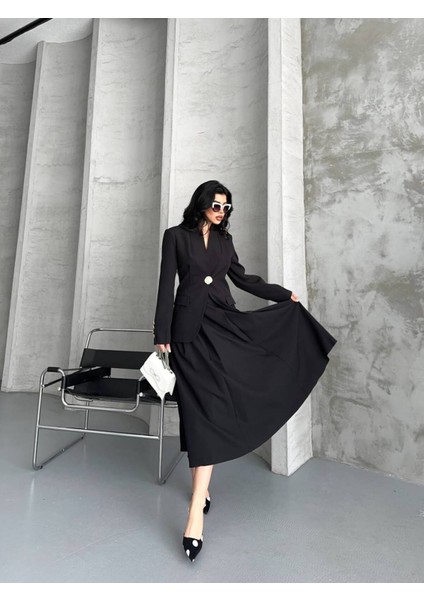 Kadın Gold Kurabiye Düğmeli Blazer Ceket Etek Takım Elbise fırsatları