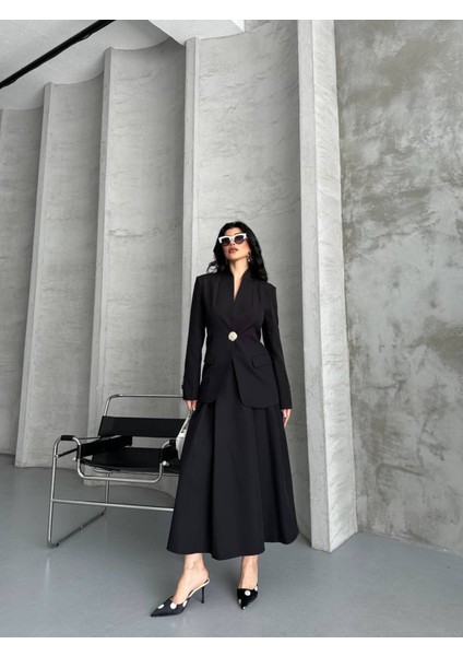 Kadın Gold Kurabiye Düğmeli Blazer Ceket Etek Takım Elbise indirimleri