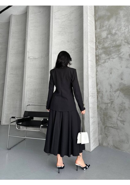 Kadın Gold Kurabiye Düğmeli Blazer Ceket Etek Takım Elbise