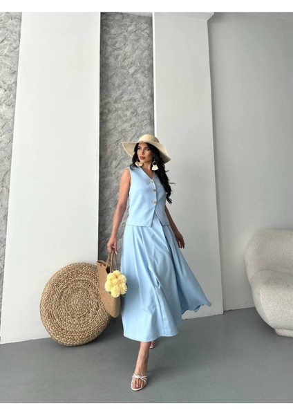 Kadın Alt Üst Takım Şık Düğme Detaylı Premium Yelek Etek Ikili Takım Elbise