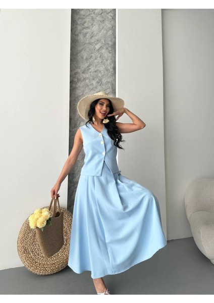 Kadın Alt Üst Takım Şık Düğme Detaylı Premium Yelek Etek Ikili Takım Elbise fiyatları