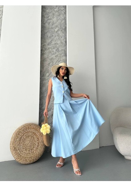 Kadın Alt Üst Takım Şık Düğme Detaylı Premium Yelek Etek Ikili Takım Elbise fırsatları