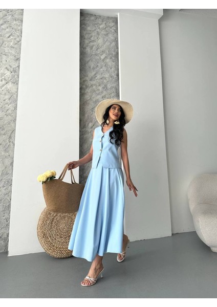 Kadın Alt Üst Takım Şık Düğme Detaylı Premium Yelek Etek Ikili Takım Elbise