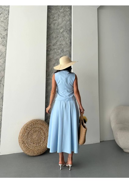 Kadın Alt Üst Takım Şık Düğme Detaylı Premium Yelek Etek Ikili Takım Elbise