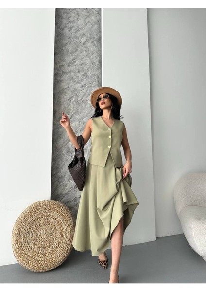 Kadın Alt Üst Takım Şık Düğme Detaylı Premium Yelek Etek Ikili Takım Elbise