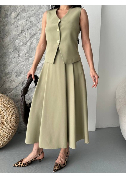 Kadın Alt Üst Takım Şık Düğme Detaylı Premium Yelek Etek Ikili Takım Elbise fırsatları