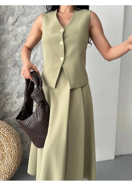 Kadın Alt Üst Takım Şık Düğme Detaylı Premium Yelek Etek Ikili Takım Elbise