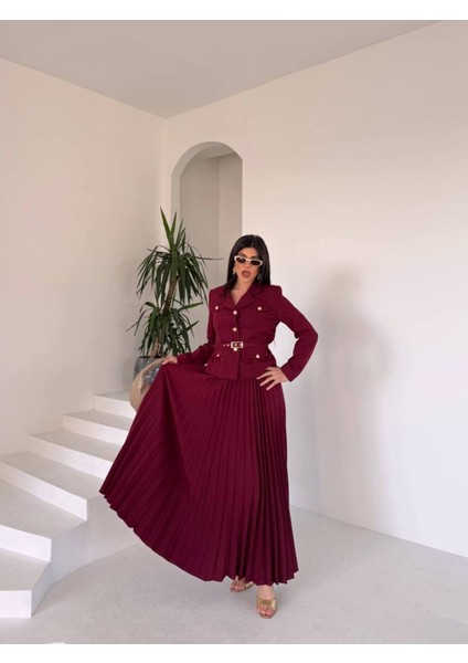 Kadın Kemerli Gold Düğmeli Premium Ceket Pileli Uzun Etek Takım Elbise fiyatları