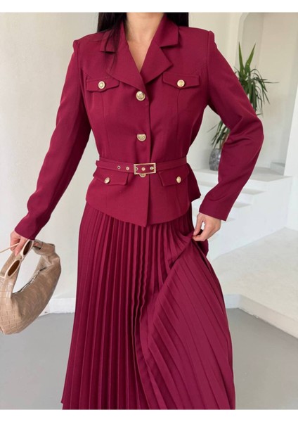Kadın Kemerli Gold Düğmeli Premium Ceket Pileli Uzun Etek Takım Elbise
