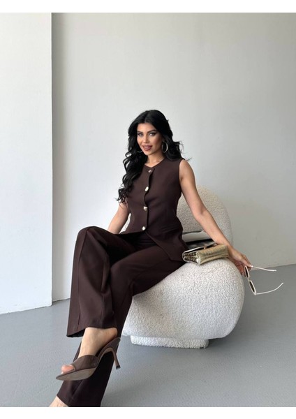 Kadın Alt Üst Takım Şık Düğme Detaylı Premium Yelek Pantolon Ikili Takım Elbise fırsatları